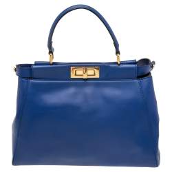 Pre Owned Fendi Blue Leather Medium Peekaboo Top Handle Bag