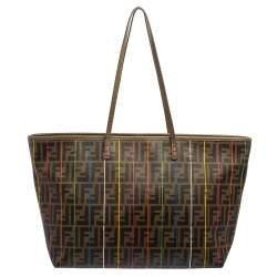Pre Owned Fendi Tobacco Spalmati Striped Zucca Coated Canvas Large Roll Tote