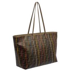 Pre Owned Fendi Tobacco Spalmati Striped Zucca Coated Canvas Large Roll Tote