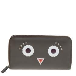 Pre Owned Fendi Taupe Leather Century Hypnoteyes Zip Around Wallet