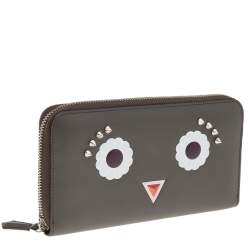 Pre Owned Fendi Taupe Leather Century Hypnoteyes Zip Around Wallet