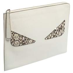 Pre Owned Fendi White/Grey Snakeskin & Leather Monster Flat Clutch