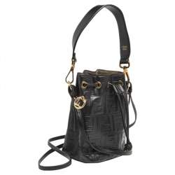 Pre Owned Fendi Black Zucca Leather Mini Mon Tresor Drawstring Bucket Bag