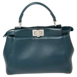 Pre Owned Fendi Blue Leather Mini Peekaboo Top Handle Bag