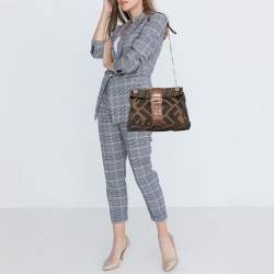 Fendi Tobacco Zucca Canvas And Leather Maxi Baguette Flap Shoulder Bag
