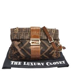 Fendi Tobacco Zucca Canvas And Leather Maxi Baguette Flap Shoulder Bag