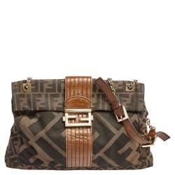 Fendi Tobacco Zucca Canvas And Leather Maxi Baguette Flap Shoulder Bag