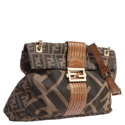Fendi Tobacco Zucca Canvas And Leather Maxi Baguette Flap Shoulder Bag