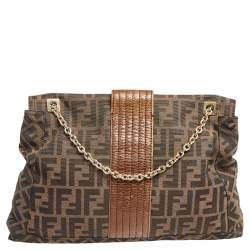 Fendi Tobacco Zucca Canvas And Leather Maxi Baguette Flap Shoulder Bag