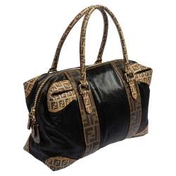 Pre Owned Fendi Brown/Black Zucca Canvas And Leather Mixed Media Boston Bag
