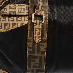 Pre Owned Fendi Brown/Black Zucca Canvas And Leather Mixed Media Boston Bag