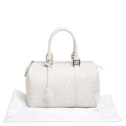 Pre Owned Fendi White Zucchino Coated Canvas Forever Bauletto Boston Bag