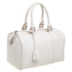 Pre Owned Fendi White Zucchino Coated Canvas Forever Bauletto Boston Bag