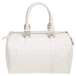 Pre Owned Fendi White Zucchino Coated Canvas Forever Bauletto Boston Bag