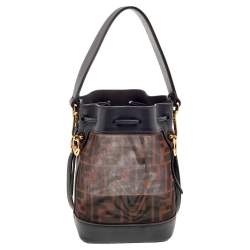 Pre Owned Fendi Brown Zucca Mesh and Leather Mini Mon Tresor Drawstring Bucket Bag 