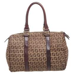 Pre Owned Fendi Brown/Beige Zucchino Canvas And Leather Bauletto Duffel Bag