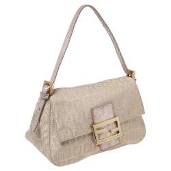 Pre Owned Fendi Beige/Silver FF Shimmer Fabric Mama Baguette Bag
