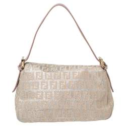Pre Owned Fendi Beige/Silver FF Shimmer Fabric Mama Baguette Bag