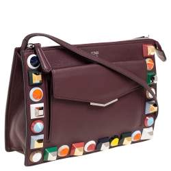 مملوكة مسبقًا Fendi Burgundy Leather Multicolor Studded Crossbody Bag