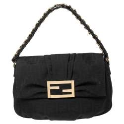 Pre Owned Fendi Black Zucca Canvas and Patent Leather Mia Flap Shoulder Bag