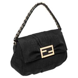 Pre Owned Fendi Black Zucca Canvas and Patent Leather Mia Flap Shoulder Bag