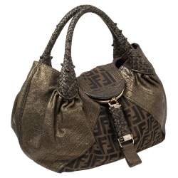 Pre Owned Fendi Tobacco/Metallic Zucca Canvas and Leather Spy Bag