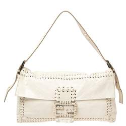 Fendi White Soft Leather Giant Baguette Whipstitch Shoulder Bag