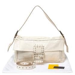 Fendi White Soft Leather Giant Baguette Whipstitch Shoulder Bag