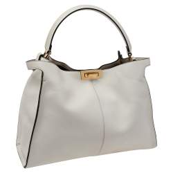 Pre Owned Fendi White Leather Medium Peekaboo X Lite Top Handle Bag