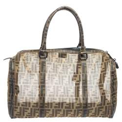 Pre Owned Fendi Tobacco Zucca Mesh and Coated Canvas Boston Duffel Bag