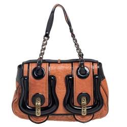Pre Owned Fendi Black/Brown Patent Leather and Leather B Shoulder Bag