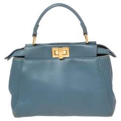 Pre Owned Fendi Blue Leather Mini Peekaboo Top Handle Bag