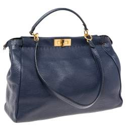 Pre Owned Fendi Blue Selleria Leather Large Peekaboo Top Handle Bag