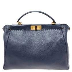 Pre Owned Fendi Blue Selleria Leather Large Peekaboo Top Handle Bag