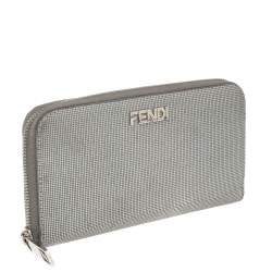 Fendi Silver Textured Leather Zip Around Continental Wallet