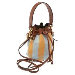 Pre Owned Fendi Multicolor Pequin Raffia And Leather FF Mini Mon Tresor Drawstring Bucket Bag