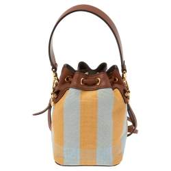 Pre Owned Fendi Multicolor Pequin Raffia And Leather FF Mini Mon Tresor Drawstring Bucket Bag