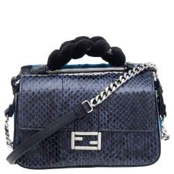 Fendi Blue/Black Python Leather And Fur Micro Baguette Shoulder Bag