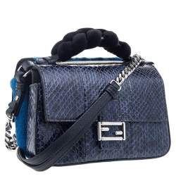 Fendi Blue/Black Python Leather And Fur Micro Baguette Shoulder Bag