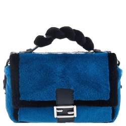 Fendi Blue/Black Python Leather And Fur Micro Baguette Shoulder Bag
