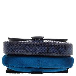 Fendi Blue/Black Python Leather And Fur Micro Baguette Shoulder Bag