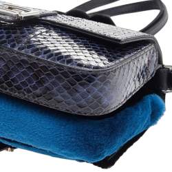 Fendi Blue/Black Python Leather And Fur Micro Baguette Shoulder Bag