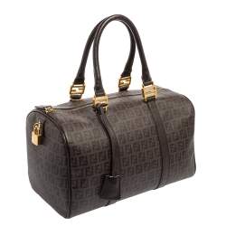 Pre Owned Fendi Brown Zucchino Coated Canvas and Leather Forever Bauletto Boston Bag