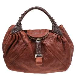 Pre Owned Fendi Brown Textured Leather Braided Handle Spy Hobo