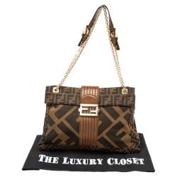 Pre Owned Fendi Tobacco Zucca Canvas And Leather Maxi Baguette Flap Bag