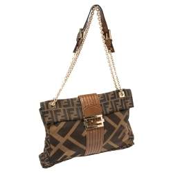 Pre Owned Fendi Tobacco Zucca Canvas And Leather Maxi Baguette Flap Bag