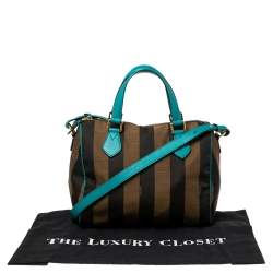 مملوكة مسبقًا Fendi Tobacco/Teal Pequin Canvas and Leather Forever Boston Bag