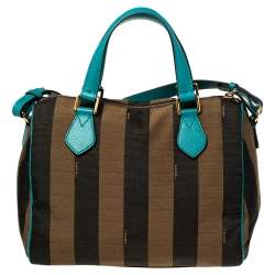 مملوكة مسبقًا Fendi Tobacco/Teal Pequin Canvas and Leather Forever Boston Bag