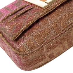 Pre Owned Fendi Gold/Pink Zucca Lurex Fabric Mia Pochette Bag