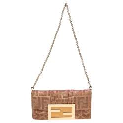 Pre Owned Fendi Gold/Pink Zucca Lurex Fabric Mia Pochette Bag